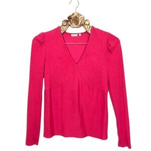 Marine Layer Pink Knit Top Ribbed V Neck Puff Sleeve Seamed Bodice